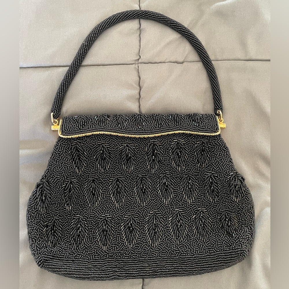 Vintage Hand Beaded Black Gold Clutch Purse Evening Handbag British Hong Kong